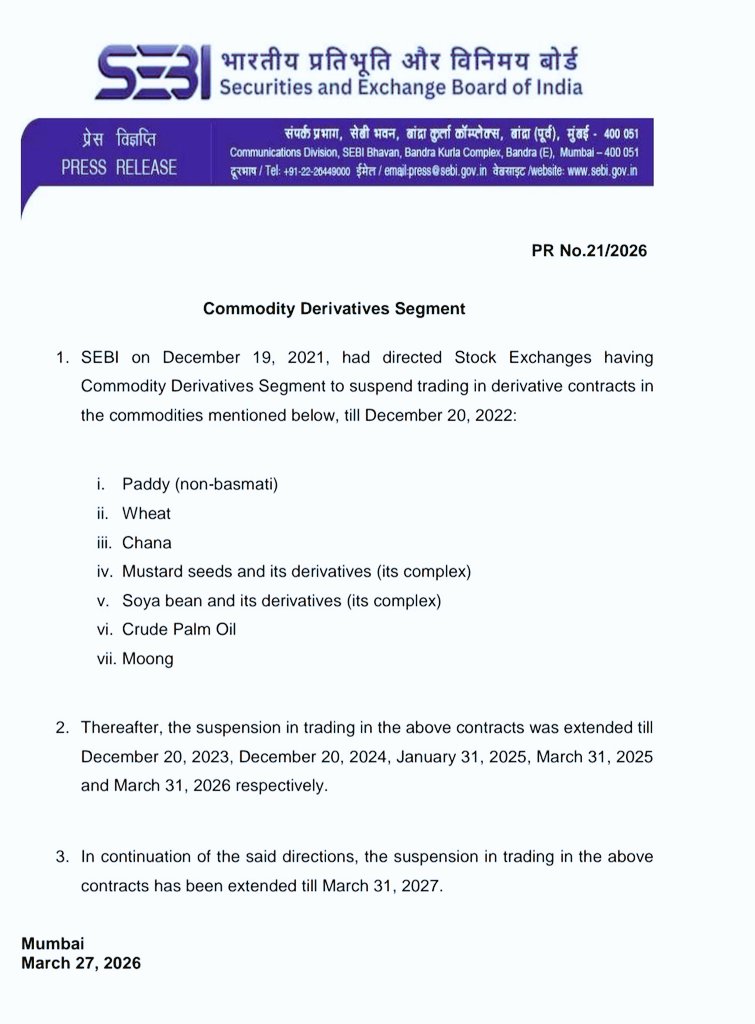 pandeyambarish's tweet image. जारी रहेगा 7 एग्री कमोडिटीज पर वायदा पर बैन
- 7 एग्री कमोडिटीज के वायदा पर अब 31 मार्च 2027 तक रोक
- चना, सोयाबीन, क्रूड पाम तेल सहित 7 एग्री वायदा पर रोक 1 साल बढ़ी
- @SEBI_India ने जारी किया आदेश
#Commodities #Ban #SEBI