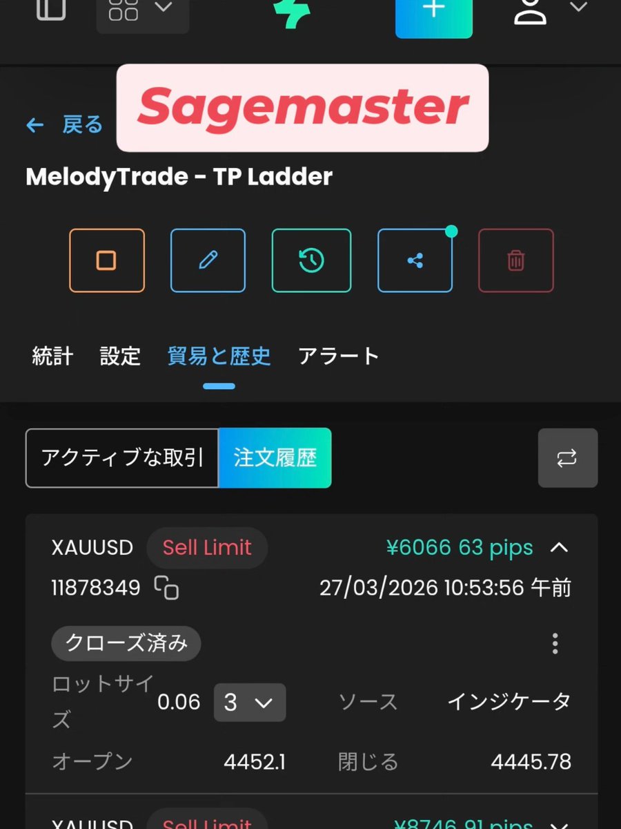 Akkiyy100015's tweet photo. 📢 3/27のSageMaster FX（Alice）実績報告 ✨
​通貨ペア: XAU/USD (Gold)
​📈 3/27の実績
​純獲得pips:＋237pips
 (63 pips ＋ 73 pips ＋ 101 pips)
​純実現損益:＋26,999 円
​完了取引: 3 回 (3勝 0敗 / 全て売���エントリー)
​#FX #投資 #投資初心者 #Gold #Sagemaster #AI自動売買 https://t.co/Tmpoximixc