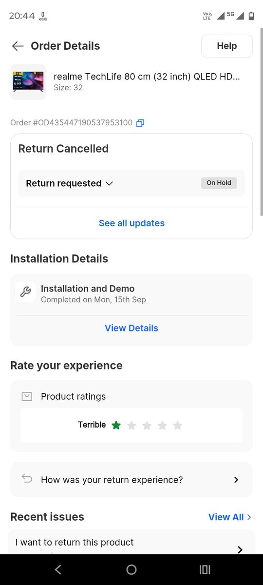 tarunbera469's tweet photo. @Flipkart @realmeTechLife
Return cancel karke order “On Hold” me daal diya gaya hai without any resolution. Already WhatsApp pe refund confirmation mila hai but app me update nahi hai. This is completely unacceptable. Either process my refund immediately or I will escalate this. https://t.co/iq4KAqz7LT