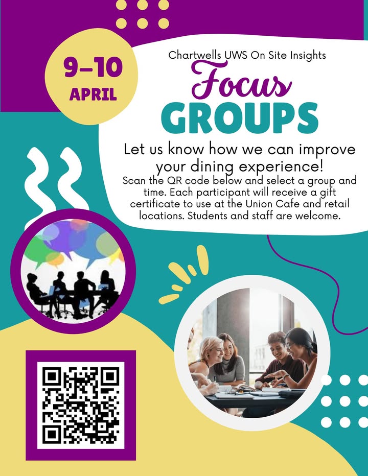 ChartwellsUWS's tweet photo. We want to hear how we can improve your dining experience! 
Sign up for UWS Focus Groups 2026 ( https://t.co/zg3Cz0jGii ) on https://t.co/TYhuyhxtva today and get a gift certificate for use at Union Cafe and retail locations.
All students and staff welcome! https://t.co/eBjMq1wPHS