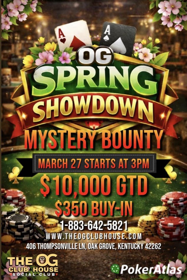 OGPokerClub's tweet photo. Spring just got a whole lot hotter ๐ธโ ๏ธ
The OG Spring Showdown is here โ and the mystery bounties are calling your name ๐ฐ๐ฅ
$10K GTD. $350 buy-in. One shot to run it up.
March 27 โข 3PM โ donโt be late.
#OGClubhouse #MysteryBounty #PokerLife #RunItUp https://t.co/1xDD3PU5oJ
