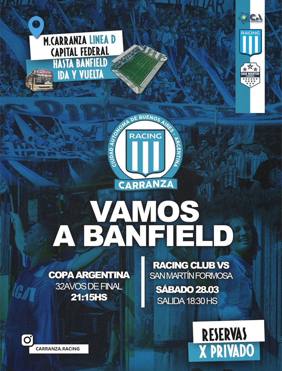 🚌 ¡MAÑANA VIAJÁ CON <a href="/Carranza_Racing/">Carranza.Racing</a> A BANFIELD!

💵 Valor: $10.000 (ida y vuelta)
🕑 Horario: 18.30hs
📍 Viaducto  (Palermo) 

¡Se agradece el RT!
