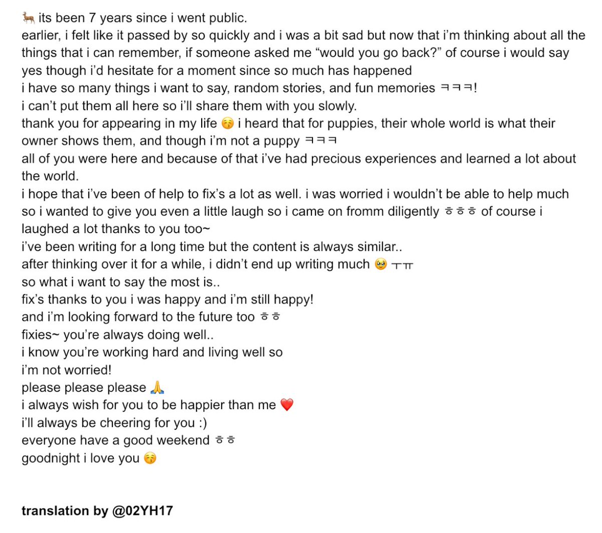 02YH17's tweet photo. 🦌 its been 7 years since i went public.
earlier, i felt like it passed by so quickly and i was a bit sad but now that i’m thinking about all the things that i can remember…

(full translation in pic)

#YONGHEE #용희 #CIX #씨아이엑스 https://t.co/YlA4RbR46N