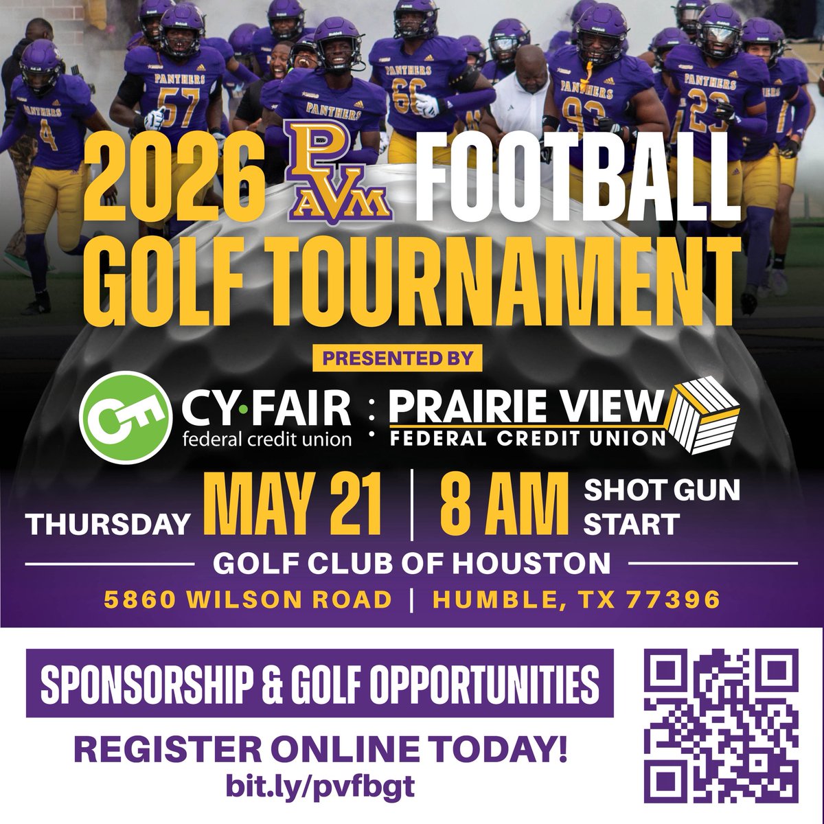 Tee off with Panther Football ⛳️💜💛 Join us for the 2026 Football Golf Tournament!

There are sponsorship and foursome opportunities!

The more the merrier! All proceeds will go into the Football Excellence Fund.

Registration Page: bit.ly/pvfbgt

#DOG #PVAMUFOOTBALL