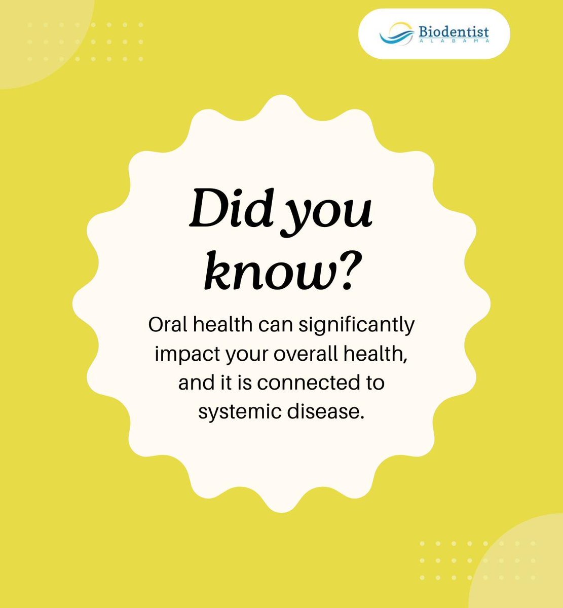 BiodentistAL's tweet image. Gum disease and poor oral health can increase the risk of systemic diseases like heart disease and diabetes. Prioritize good oral hygiene and regular dental visits today.

#oralhealth #systemicdisease #chronicillness #dothan #AL #biodentistalabama