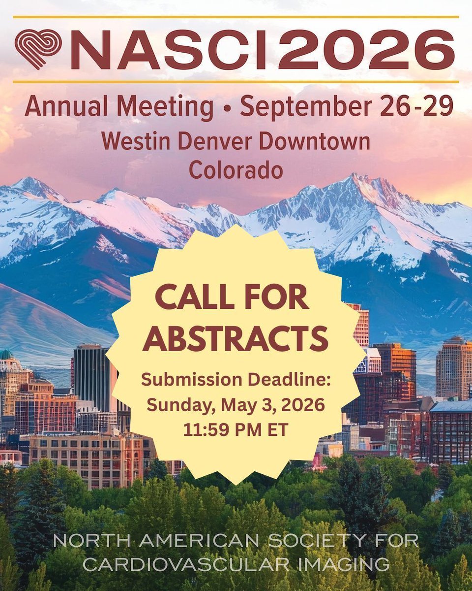 NASCISociety's tweet image. Submit your abstract today for #NASCI26! Submit by Sunday, May 3 2026 at 11:59pm ET for the chance to showcase your work at this year's annual meeting in Denver in September.

Learn More + Submit Your Abstract: nasci.org/abstract-submi… 

#nasci #cardiovascularimaging