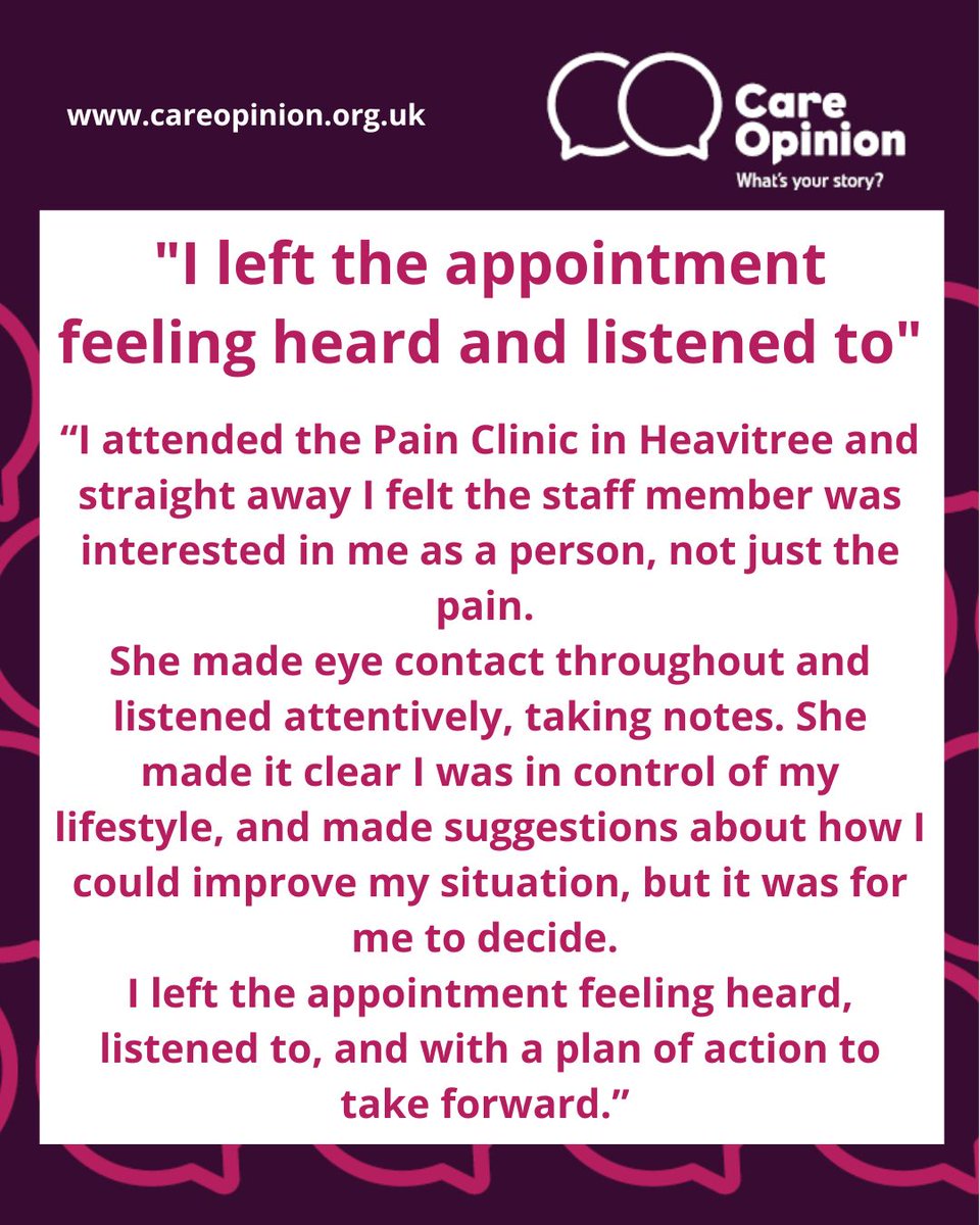 RoyalDevonNHS's tweet image. 📣Well done to colleagues working in the Pain Management team, Eastern services for this fantastic feedback on Care Opinion. 👏 
Read the full feedback 👉  careopinion.org.uk/1418369 
🎤Tell your story at careopinion.org.uk/tellyourstory
#FeedbackFriday