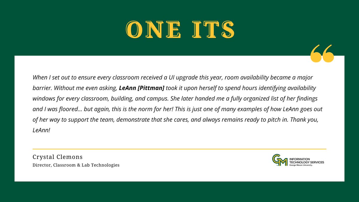 GeorgeMasonITS's tweet photo. Join us every Friday for our One ITS series 💚💛 https://t.co/JGtG3UBIqf