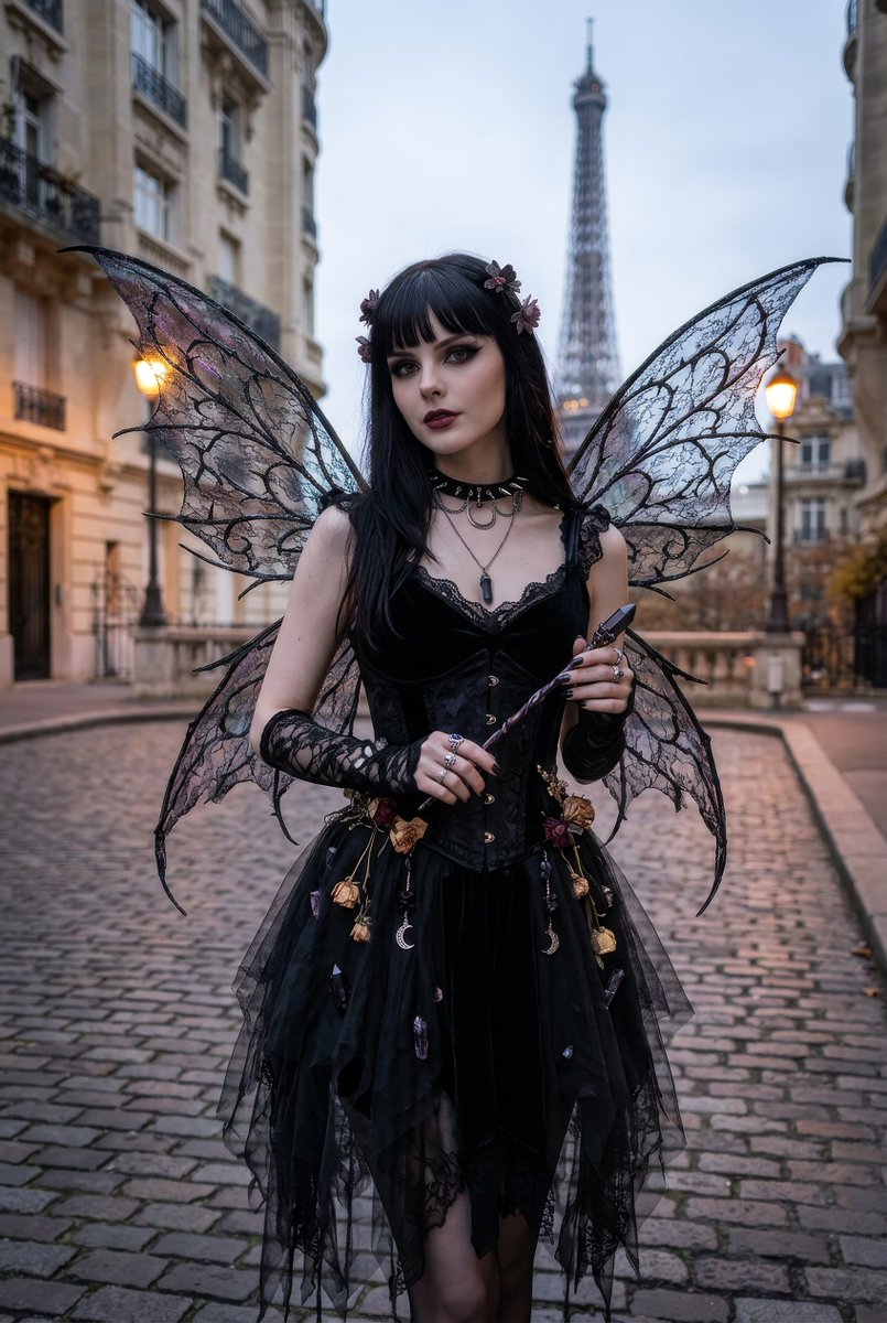 reluvetel's tweet photo. Elara Noire didn’t come to sprinkle pixie dust — she came to collect what the light forgot 🖤🧚‍♀️  
Black wings, dried roses, and a touch of Paris gloom. What’s your dark fairy energy? QT it 👇  
#ElaraNoire #DarkFairy #GothAI https://t.co/3INMadhUCC