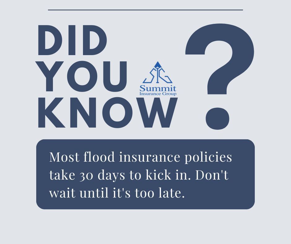 Summit_InsGrp's tweet photo. 📊 Fun Fact: Most flood insurance policies take 30 days to kick in. Don't wait until it's too late.#FloodInsurance #SummitInsurance #PlanAhead #InsuranceFacts https://t.co/VRfY7kRfCw