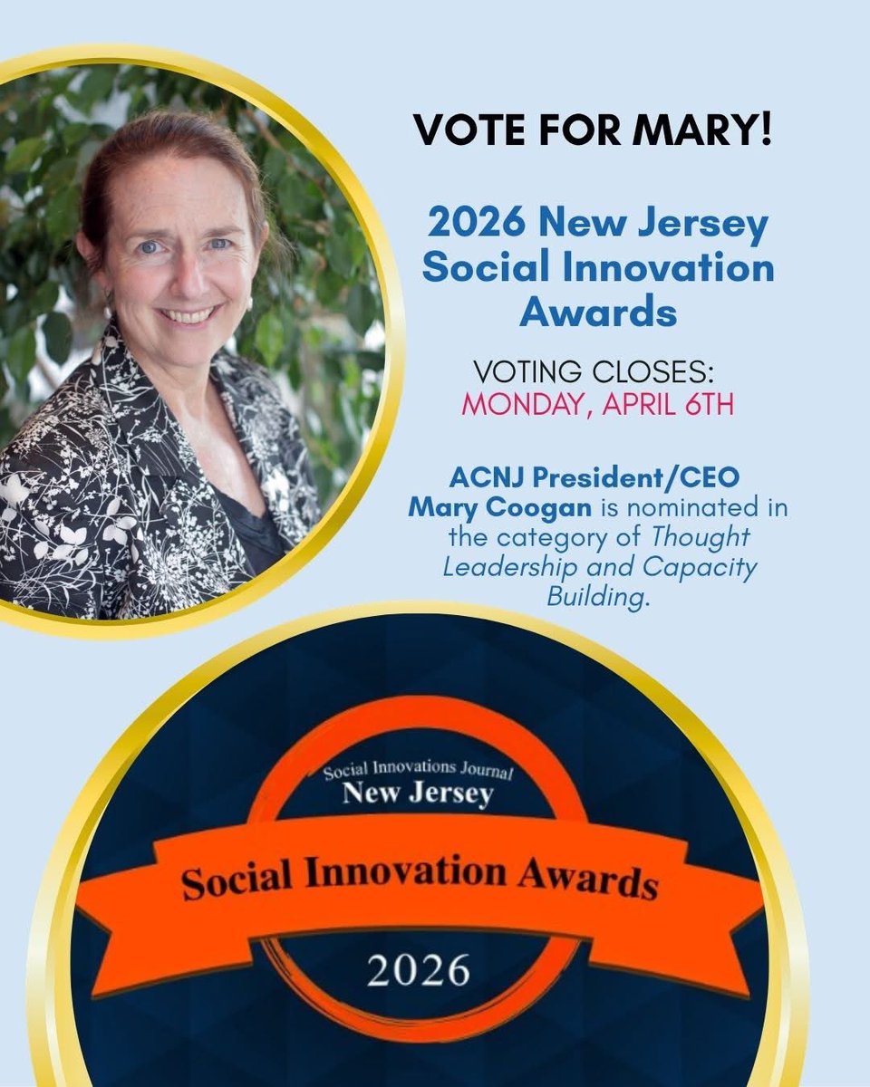 ACNJforKids's tweet photo. We’re proud to share that Mary Coogan, President/CEO of Advocates for Children of New Jersey, is nominated for the 2026 New Jersey Social Innovation Awards (Thought Leadership & Capacity Building).

Vote by April 6: https://t.co/Dd6yAyOiyK

#VoteNow #SocialInnovation #ACNJ #Leadership #NJFamilies
