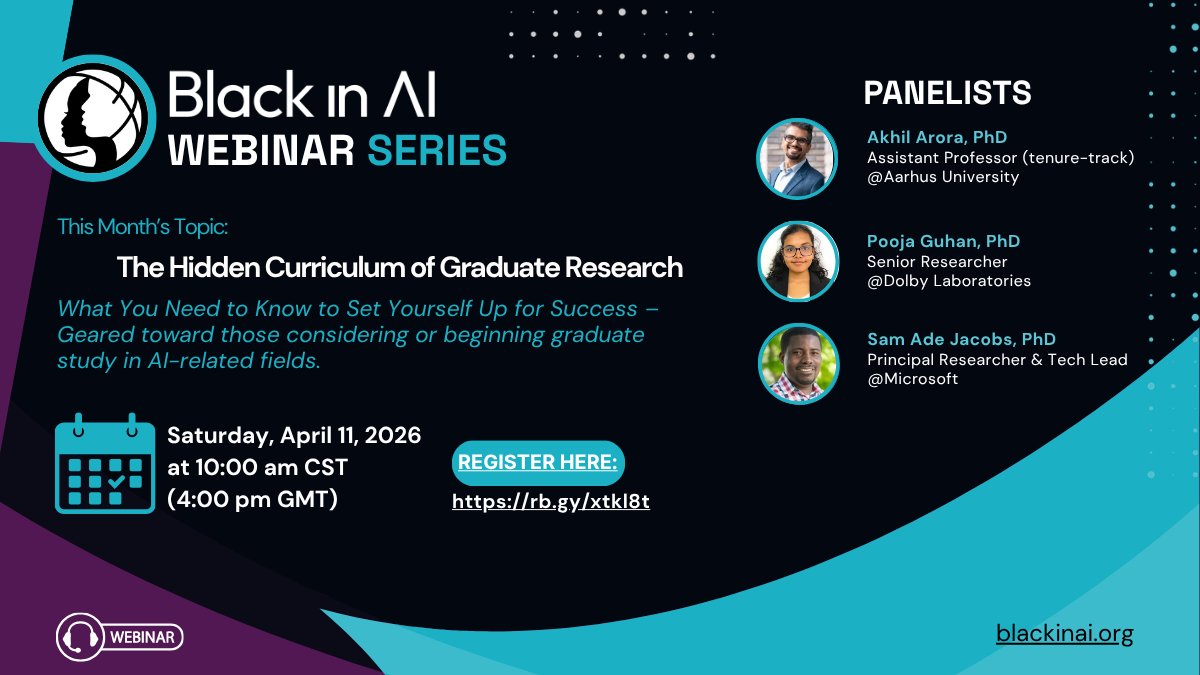 black_in_ai's tweet photo. What no one tells you about graduate research in AI related fields, covered by people who lived it. 

April 11 | 10am CST | Free

Register here: https://t.co/JH4MsENEdF https://t.co/FT4TbnpbMx