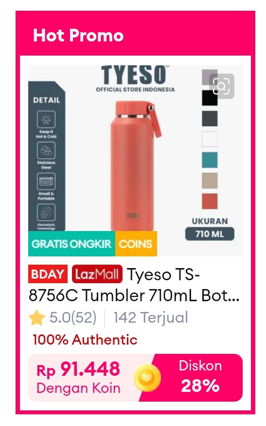 Tyeso TS-8756C 710 ml cuma 91 ribuan
s.lazada.co.id/s.Z6rMb0?cc&t=…

motong koin 28%
pake voc 36k (check in &amp; win)

akun wangi bisa dapet diskon 50/100
klik akun > main game "check in &amp; win"
s.lazada.co.id/s.Z6JRUT?cc

di oren masih 161 ribu
s.shopee.co.id/gLfsFBeBW