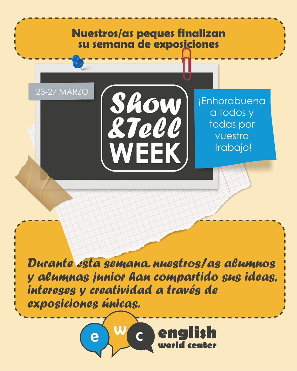 EnglishWorldC's tweet photo. Semana de Show &amp; Tell en EWC 💙

Nuestros/as alumnos/as junior han compartido sus ideas y creatividad a través de exposiciones únicas, ganando confianza y soltura en el idioma.

👏 ¡Enhorabuena a todos y todas!
#EWC #ClasesJunior #AprenderIdiomas https://t.co/Zg3mqiJ73b