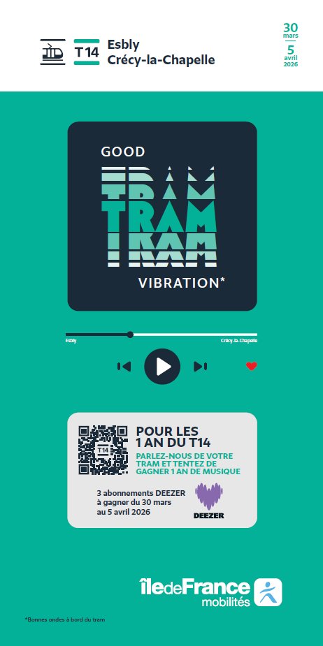 T14_IDFM's tweet image. 📣Comment ça va le #TramT14 ?
Du lundi 30 mars au dimanche 5 avril, parlez nous de votre tram et tentez de gagner 1 an de musique avec #Deezer pour vous et votre famille !
Rendez-vous aussi le 3 avril entre 7h et 9h en gare de Crécy-la-Chapelle.