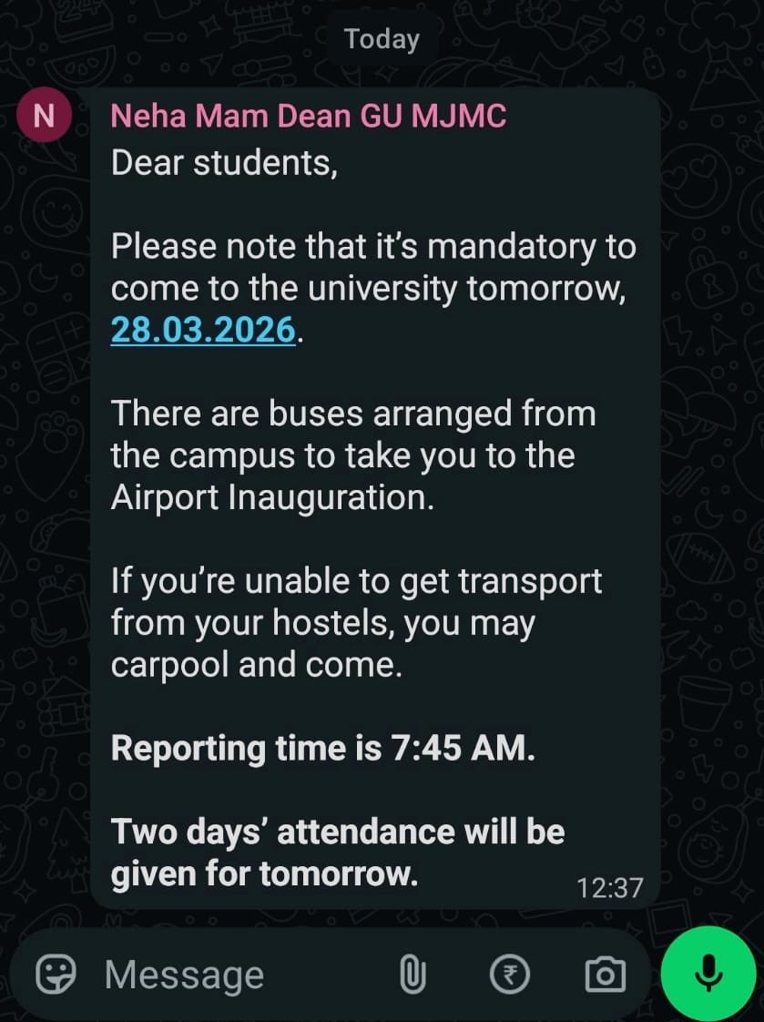 Sanjay_2300's tweet image. Galgotias University का यह संदेश ज़रा ध्यान से पढ़िए। छात्रों को कल सुबह 07:45 बजे यूनिवर्सिटी पहुँचने और उसके बाद Noida International Airport के उद्घाटन कार्यक्रम में अनिवार्य रूप से शामिल होने का निर्देश दिया गया है।
#Neha 
#Galgotia 
#Robodog