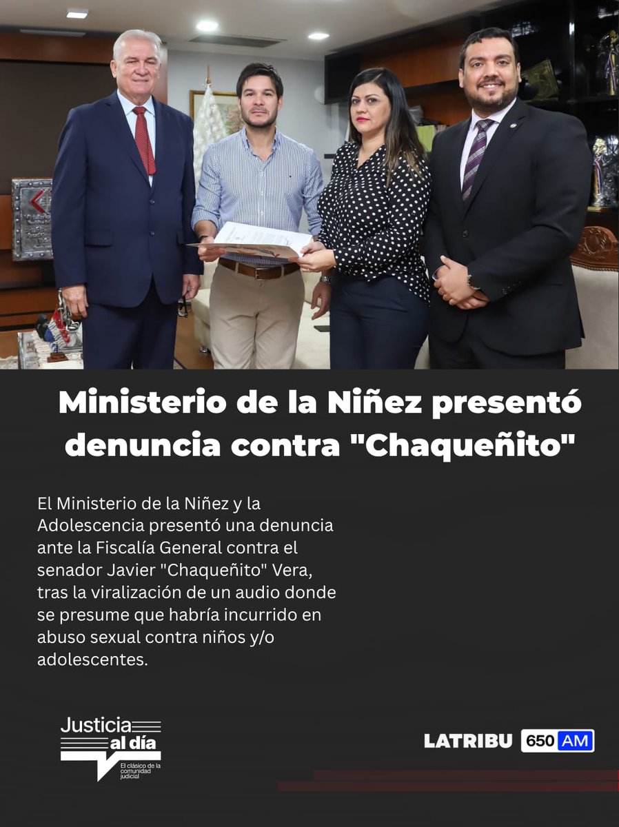 robertoperezpy's tweet photo. 🔴Ministerio de la Niñez y Adolescencia presentó denuncia ante el Fiscal General del Estado contra el senador Javier "Chaqueñito" Vera, luego de viralizarse un audio donde presuntamente habría incurrido en el hecho punible de abuso sexual contra niños y/o adolescentes, ya sea en grado de tentativa o como hecho consumado, según denuncian.
