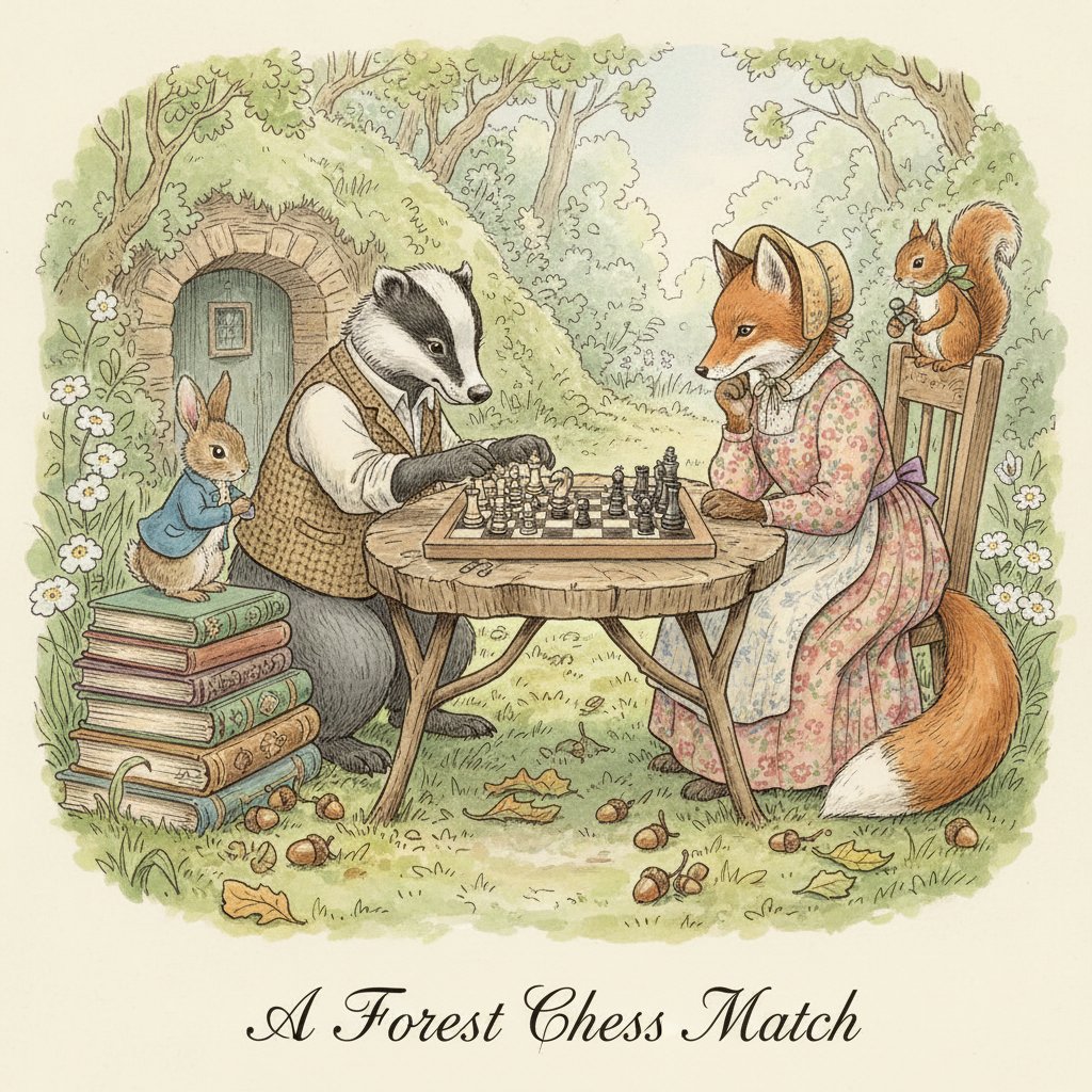 _TheAIHub's tweet photo. A chess game between forest animals, rendered in the style of Beatrix Potter's illustrations. https://t.co/GBuLvANr49