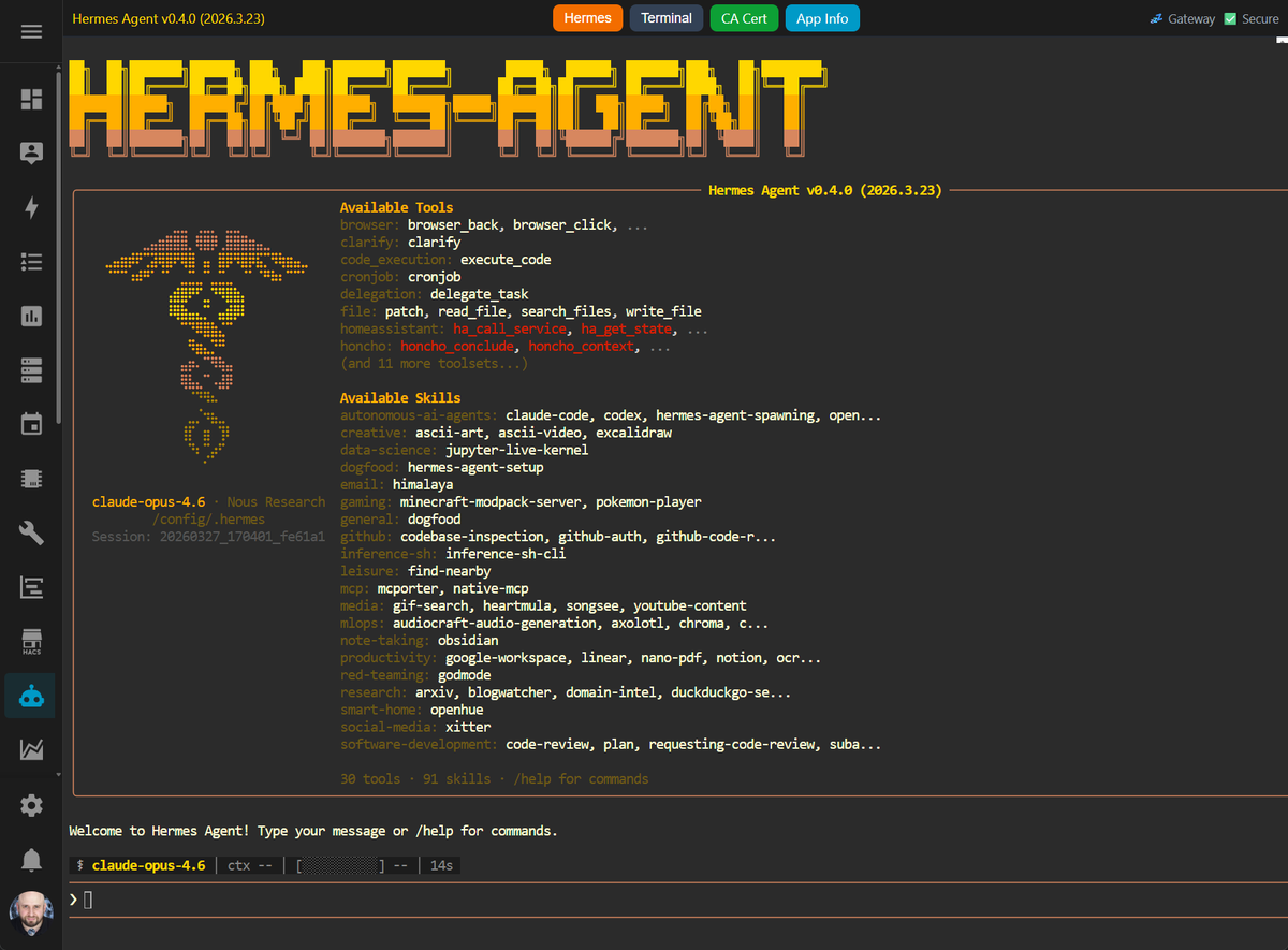 Switched from OpenClaw to Hermes Agent, so built this: Hermes Agent Home Assistant Add-on - run <a href="/NousResearch/">Nous Research</a>'s Hermes Agent as an app inside your <a href="/home_assistant/">Home Assistant</a>. Takes you from zero to working agent in less than 5 minutes. Link to open-source repo and install video in comments.