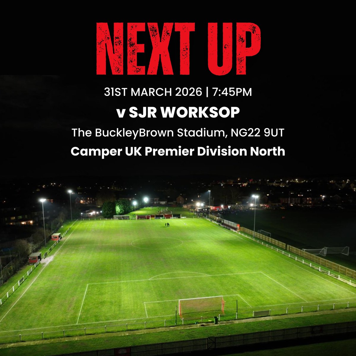 We're next in action on Tuesday evening as we welcome SJR Worksop to The BuckleyBrown Stadium!

Unbeaten in 5, the lads will be looking to add another 3 points to the board but it'll be another stern test

#UpTheTown 🔴⚫️
