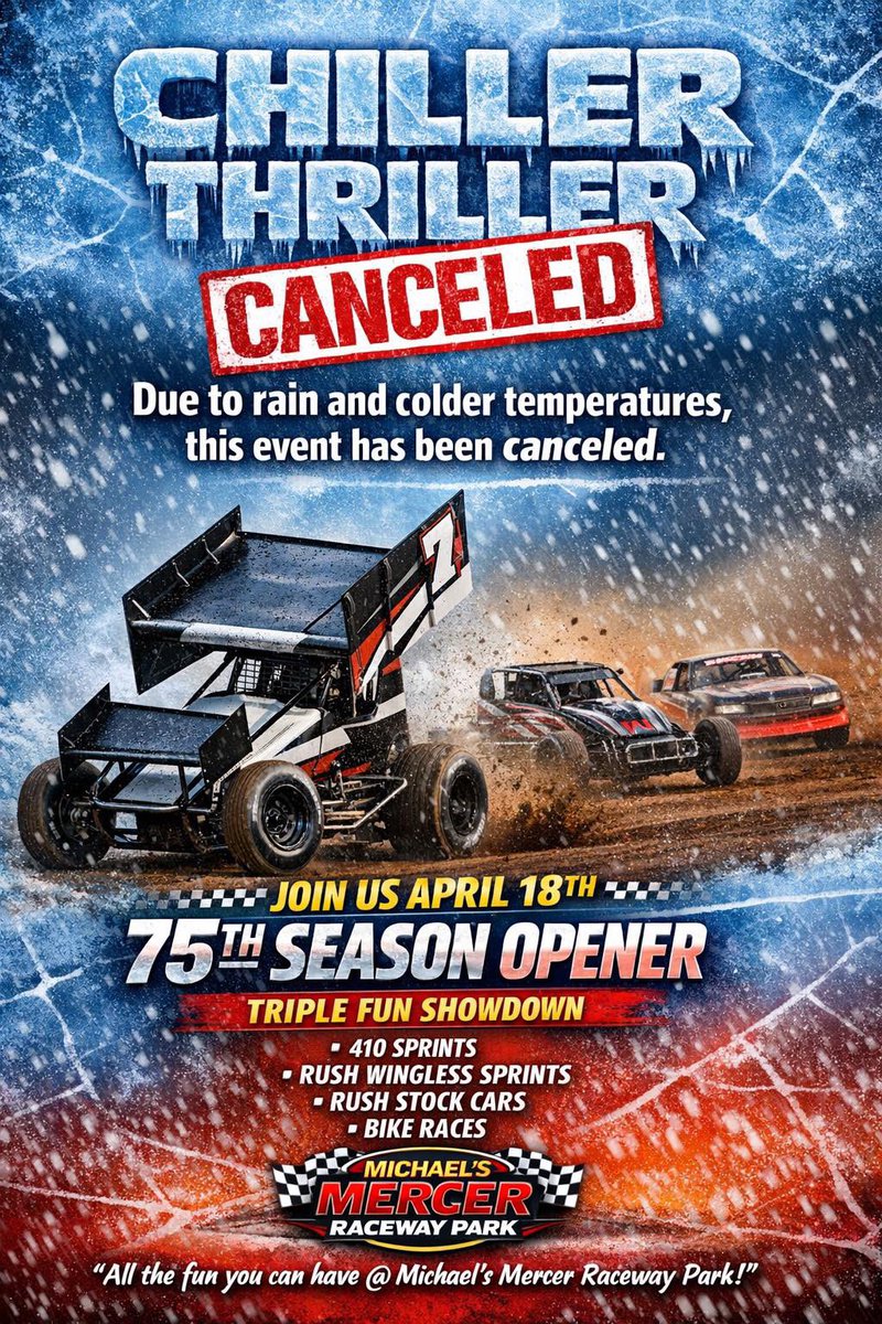Mercer_raceway's tweet photo. We have canceled the entire weekend of the chiller thriller including practice Friday and the race Saturday .. there is no rain date join us April 19th for the 75TH anniversary kickoff https://t.co/udII8t8Q6k
