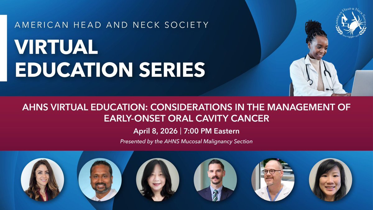 AHNSinfo's tweet photo. AHNS Virtual Education: Considerations in the Management of Early-Onset Oral Cavity Cancer
Presented by the AHNS Mucosal Malignancy Section
April 8, 2026 / 7 PM Eastern
Register Now: https://t.co/4cuTjRSPXO 
#AHNS https://t.co/5dUau9PDrM