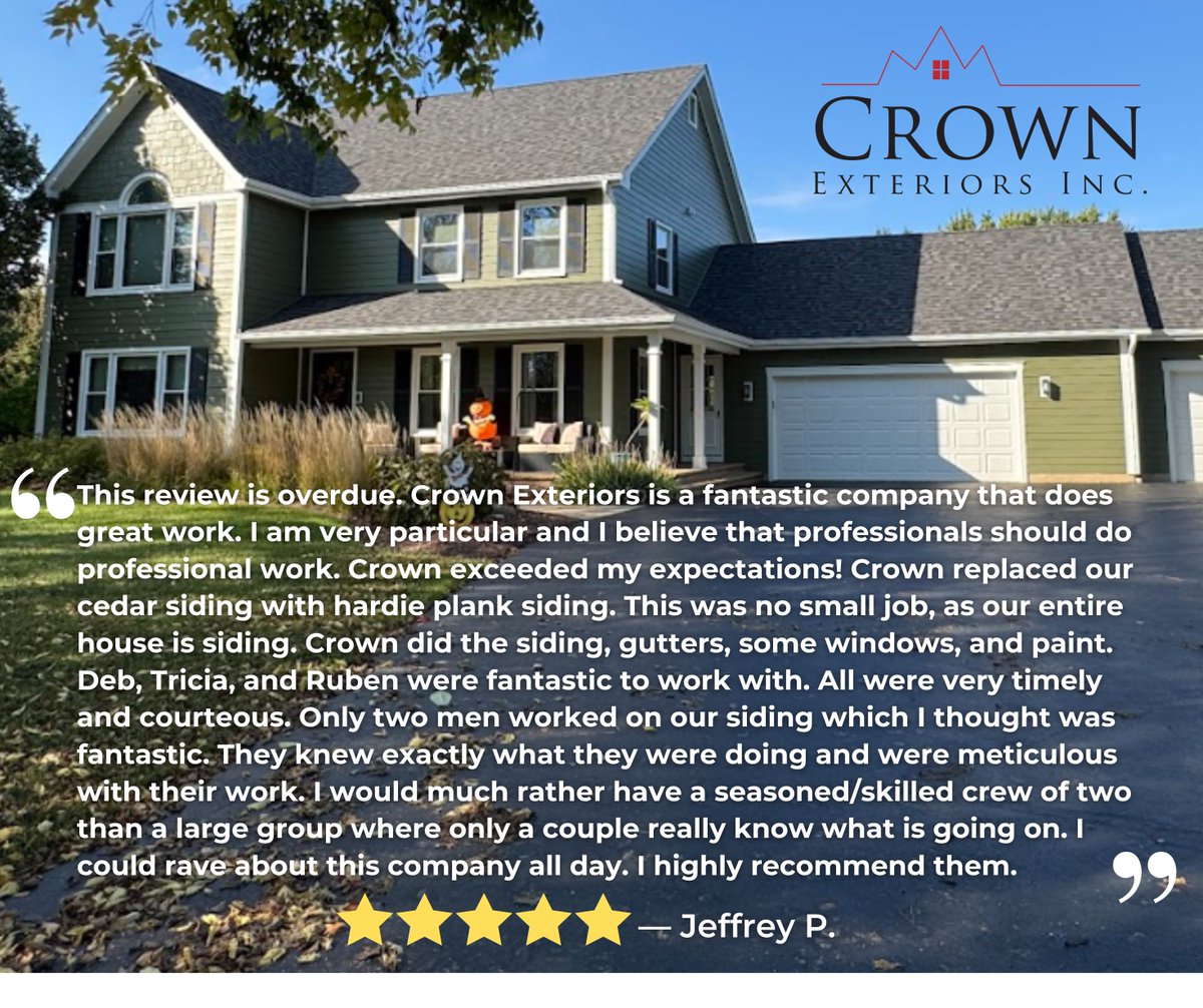 crownextinc's tweet photo. We love it when our work makes our customers happy. When someone takes the time to provide a five-star Google Review like this, we are truly thankful for and proud of the team that makes Crown Exteriors what we are. Thank you for the review, Jeff, and for sharing your experience! https://t.co/tzGZ01YgqN