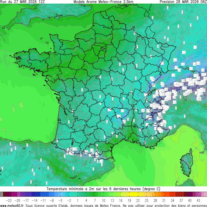 meteo60's tweet image. Le risque de #gel sera encore présent la nuit prochaine du sud-ouest au nord-est de la #France en passant par le Massif Central et les abords des Alpes. L'arrivée d'un front apporte une légère hausse du mercure plus au nord. 
Carte : meteo60.fr
