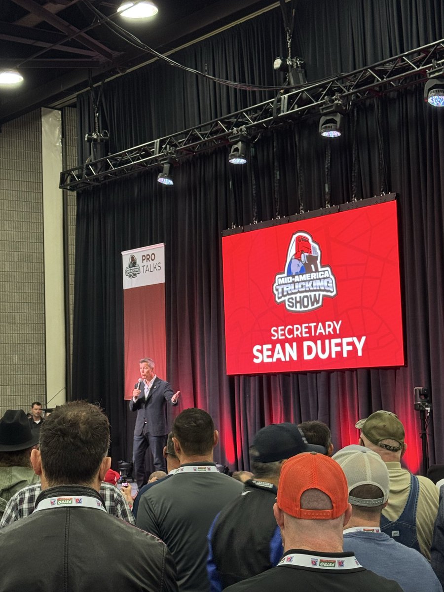 abcraddock's tweet photo. The past: Bad Rules, Bad Actors, Bad Enforcement, Non-English Speaking CDL Holders

Thank you Transportation Secretary @SeanDuffyWI  for speaking with us at MATS.

Coming soon: 

English Only Tests, English Speaking Required for getting CDL.

Cracking Down on Ghost Companies / Fraud

More enforcement across the board, making our roads safer. 

Spot Rates Should Continue to Rise

I appreciate how Sean and the team are open for ideas from industry leaders, company owners, and American drivers.

#mats2026 #truckshow