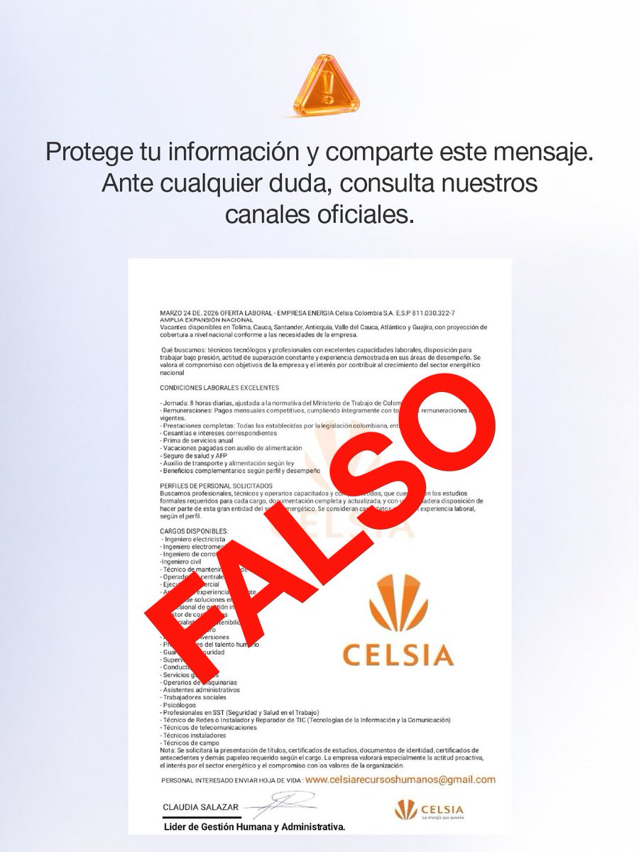 Celsia_Energia's tweet photo. 🚨¡Atención! ⚠️ Están circulando ofertas laborales falsas en nombre de nuestra empresa. 

El único portal que tenemos habilitado para recibir hojas de vida es: https://t.co/Gf4fFAcEnR 

➡️ Cuida tu información, no compartas datos personales sin confirmar y ayuda a correr la voz.

Cuidarnos también es parte de la buena energía. ⚡️