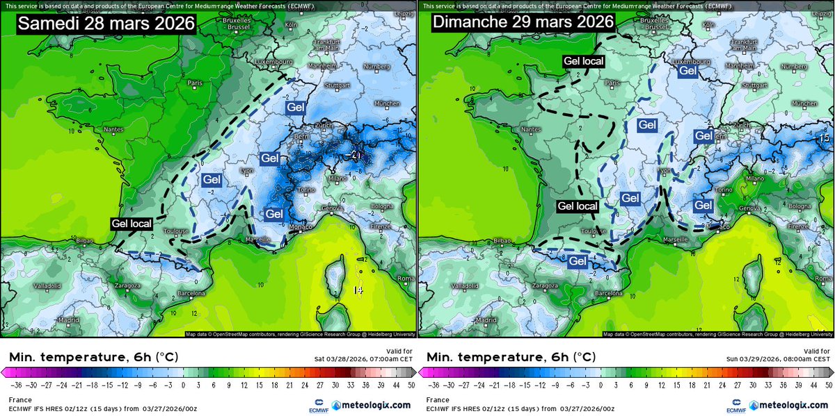 Meteovilles's tweet image. Le risque de #gel sera encore présent ce week-end sur les plaines françaises, s'étendant du sud-ouest au nord-est ainsi qu'aux abords des Alpes la nuit prochaine puis sur l'est et une partie du nord dimanche matin. 
Cartes : meteologix