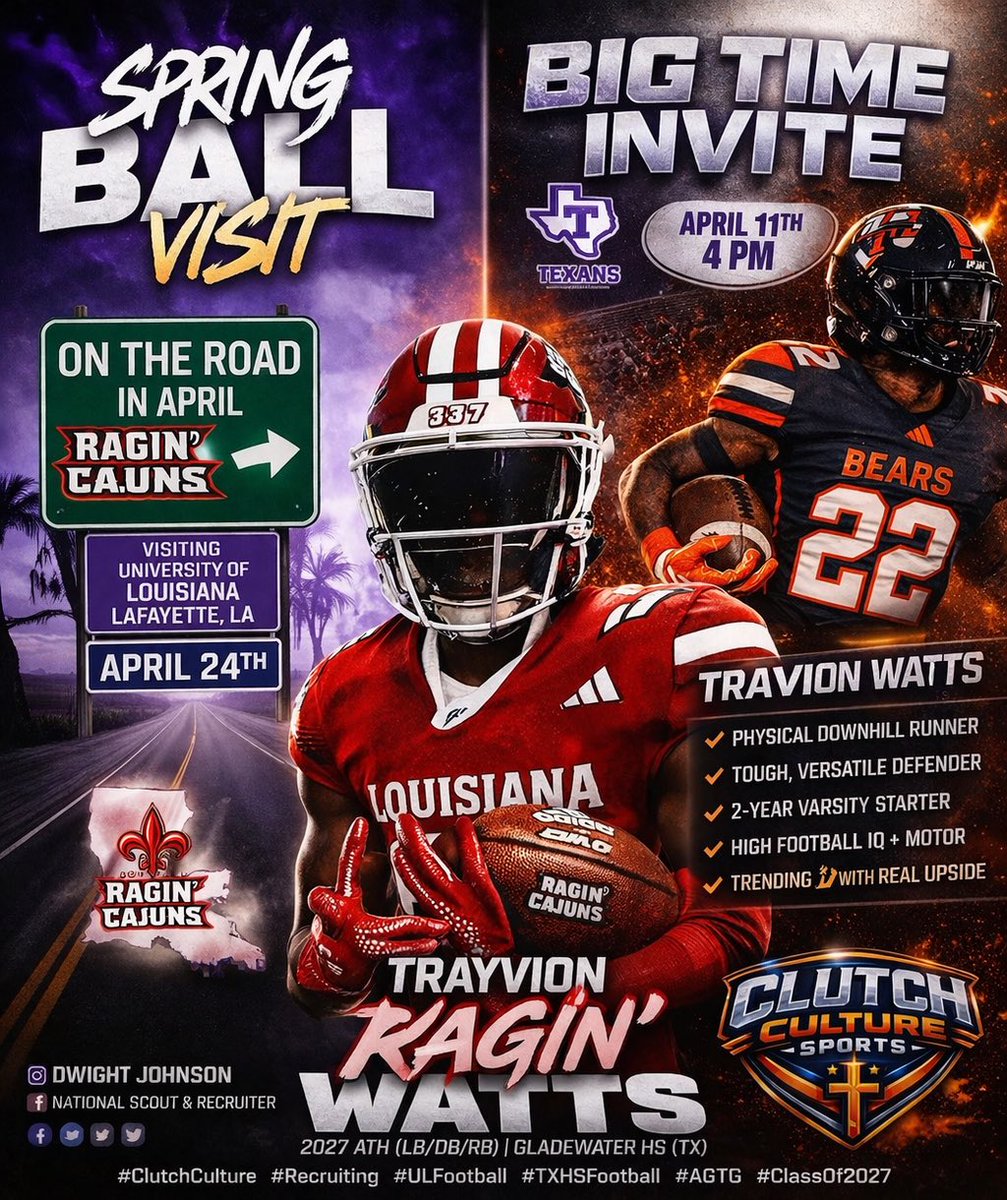 clutchcultureTX's tweet photo. 🚨 SPRING EVAL TOUR 🚨

2027 ATH Trayvion Watts is hitting the road this April.

📍 Tarleton State – April 11
📍 Louisiana Ragin’ Cajuns – April 24

2-year varsity starter.
Physical. Versatile. High motor.

This is what momentum looks like.

🎯 Coaches — more coming.

🚨 WANT THIS SAME EXPOSURE? 🚨
Stop guessing. Start getting recruited.

✔️ Film Evaluation
✔️ College Coach Strategy
✔️ Exposure Graphics
✔️ Real Recruiting Plan

👉 APPLY NOW:
🔗 https://t.co/bc9WeOlqzx

#AGTG #Recruiting #ClutchCulture #TXHSFootball #ClassOf2027
@TrayvionWatts 
@CoachAphill 
@RaginCajunsFB