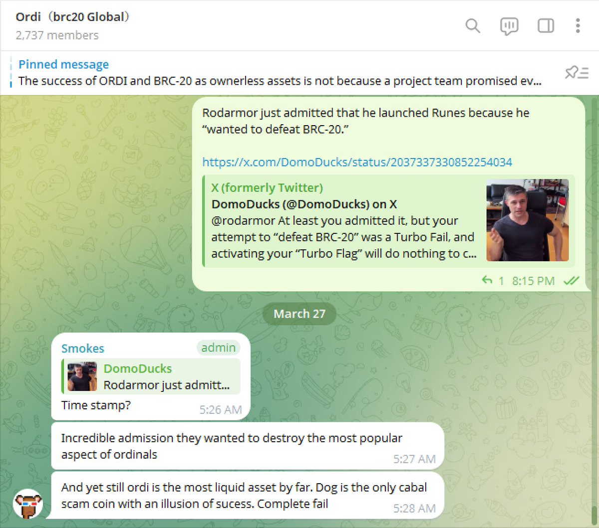 DomoDucks's tweet photo. @rodarmor I was asked to provide a timestamp for @rodarmor’s admission that he launched Runes because he “wanted to defeat BRC-20.” 

Simply reference the 17-minute mark of this post by @hellmoneypod:

https://t.co/aUpEYY8Agx https://t.co/TZQVf9SRSl