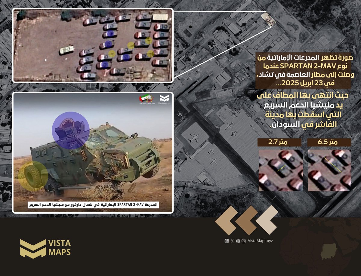 ◉ تُظهر صور الأقمار الملتقطة في 23 أبريل 2025 وصول مدرعات إماراتية من طراز Spartan إلى مطار انجمينا في تشاد، وهي تحمل طلاءً عسكرياً مطابقاً تماماً للتمويه الذي تعتمده مليشيا الدعم السريع.
> لم يمضِ وقت طويل حتى رُصدت هذه الآليات ميدانياً ضمن سلاح المدرعات التابع للمليشيا، حيث
