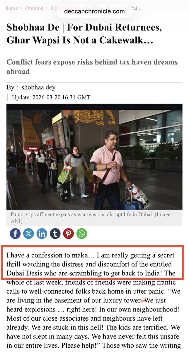 We’ve reached a point where the “distress” of Dubai’s so-called “entitled” residents has become a source of “thrill” to some. And this qualifies as publishable opinion in Deccan Chronicle.
 deccanchronicle.com/opinion/column…