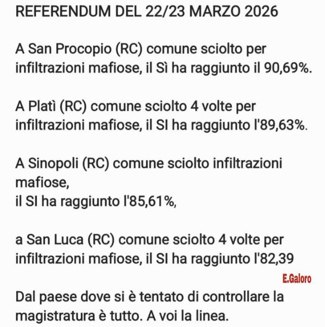 A parte che a Scampia il NO è arrivato neanche al 70% la carissima <a href="/AlessandraOdri/">AlessandraOd00</a>, che come sempre posta soltanto fake, non sa di alcuni comuni dove il Si, invece, ha avuto percentuali bulgare
Lo postiamo noi