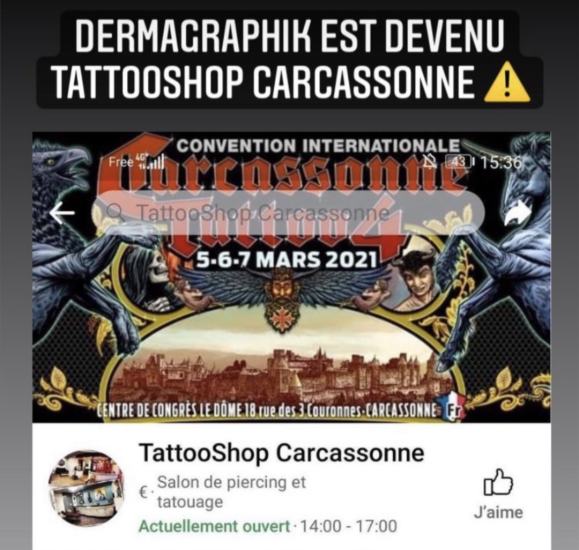 lelefcat's tweet photo. le shop en question, « dermagraphik » au moment des faits, puis « tattooshop carcassonne » qui depuis a fermé ses portes https://t.co/zQx8Z3jrah