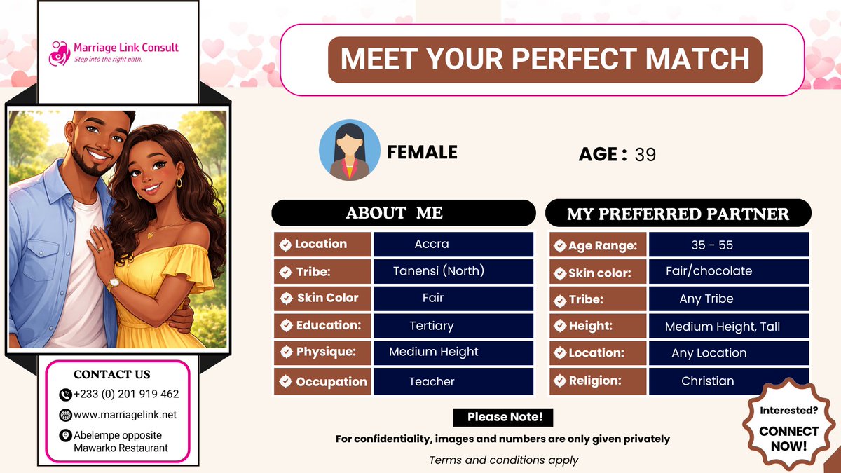 marriagelinkgh's tweet photo. 👩 39-Year-Old Lady | Teacher | Accra
✨Warm Personality • 🙏 Strong Christian Values • 🎯 Purpose-Driven
📱WhatsApp: +233 201919462
#MarriageLinkConsult #LoveConnection #Matchmaking #MarriageReady #FYP #Dating https://t.co/KZMC7bJbpX