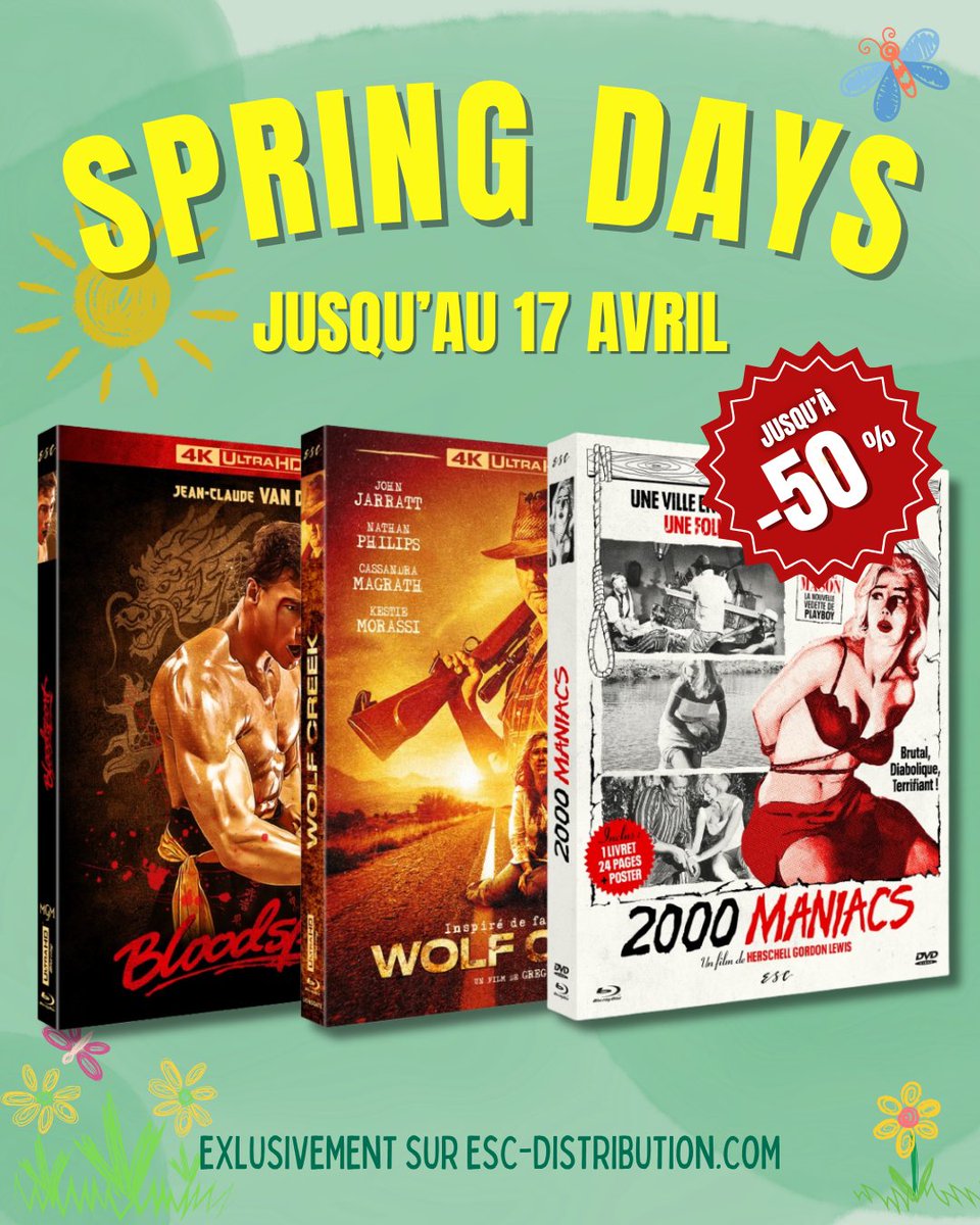 ESC_Films_'s tweet photo. 🦋 LES SPRING DAYS CONTINUENT CHEZ ESC ! 

Jusqu'au 17 avril, bénéficiez de réductions jusqu'à -50% sur un large choix de produits : pour les amateurs de frissons et d'action, c'est juste ici 👉  https://t.co/yPjj5JGYsG

#SPRINGDAYS #4K #BLURAY https://t.co/qdA42pflIA