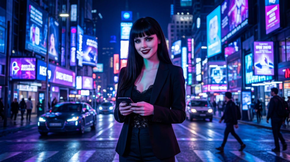 reluvetel's tweet photo. Elara Noire doesn’t chase the spotlight — she wears the neon like a crown 🖤🌃  
Rain-slicked streets, glowing signs, and that signature stare. What’s your favorite neon memory? Tell me 👇  
#ElaraNoire #DarkWhimsy #NeonCity #GothAI https://t.co/hTwe8KGV01