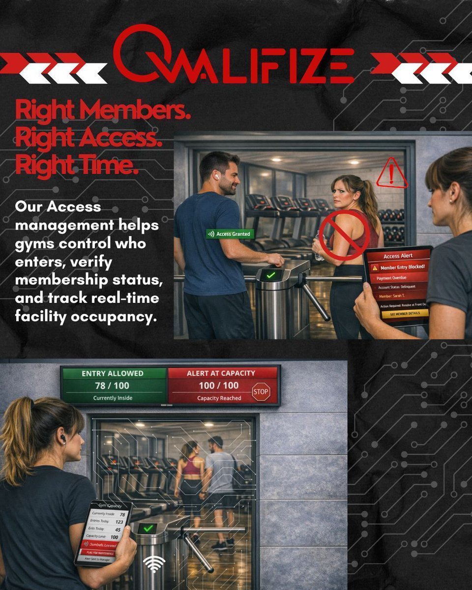 🏋️‍♂️ Gyms manage entry, account status, &amp; safe occupancy every day. Without the right systems, these processes become manual &amp; difficult to track. Our smart access technology helps bring visibility &amp; control.

407.815.6966
sales@qwalifize.com 

#Qwalifize #AIoT #RealTimeData