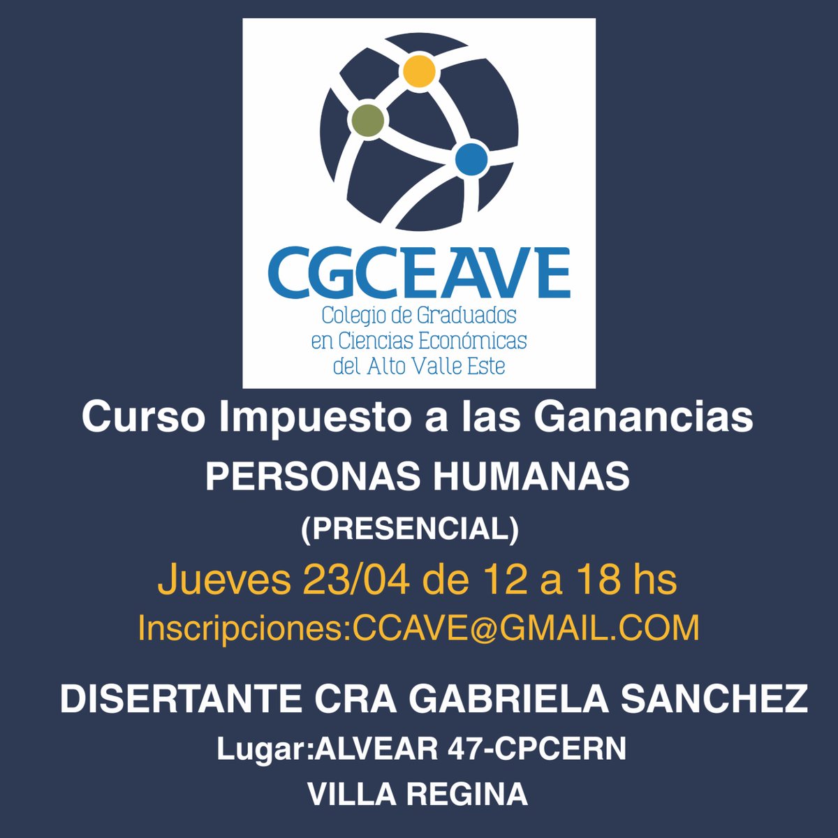 Capacitación Presencial 

💼 Impuesto a las Ganancias – Personas Humanas
🗓 Jueves 23 de abril
⏰ De 12 a 18 hs

👩‍🏫 Disertante: Cra. Gabriela Sánchez
📌 Lugar: Alvear 47 – CPCE RN - Villa Regina

📩 Inscripciones: ccave@gmail.com