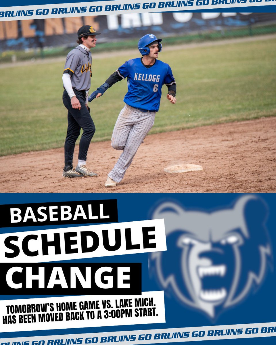 KelloggBruins's tweet image. 🚨⚾️ Baseball Schedule Update

Tomorrow's @BaseballKellogg 9 inning game vs. Lake Michigan has been pushed back to a 3:00PM first pitch. The game will still be at home. See you there! 

Go Bruins! #BruCru #KCCBaseball