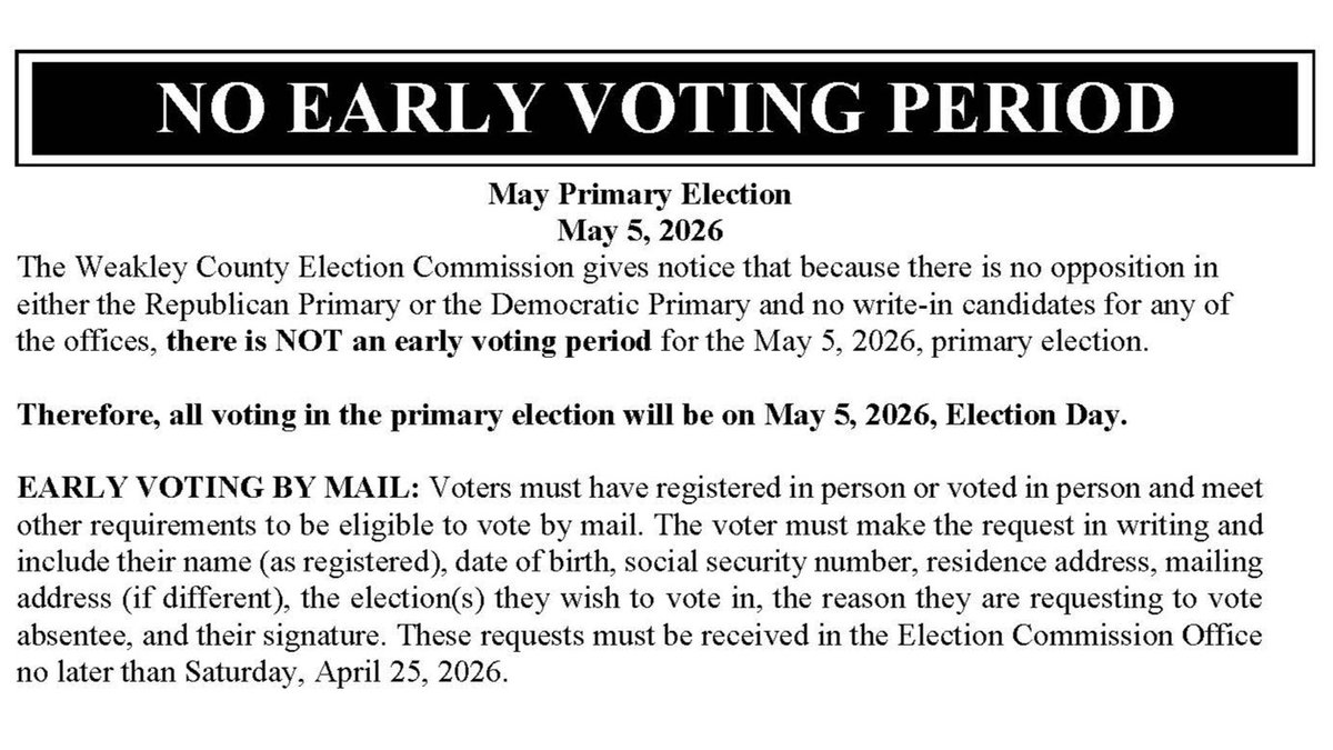 GoVoteWeakley's tweet photo. There will NOT be an Early Voting Period for the May 5, 2026 Weakley County Primary Elections. This Notice only pertains to @WeakleyCountyTN and the May 5, 2026 Election. #GoVoteTN #GoVoteWeakley https://t.co/8UNc1blsdT