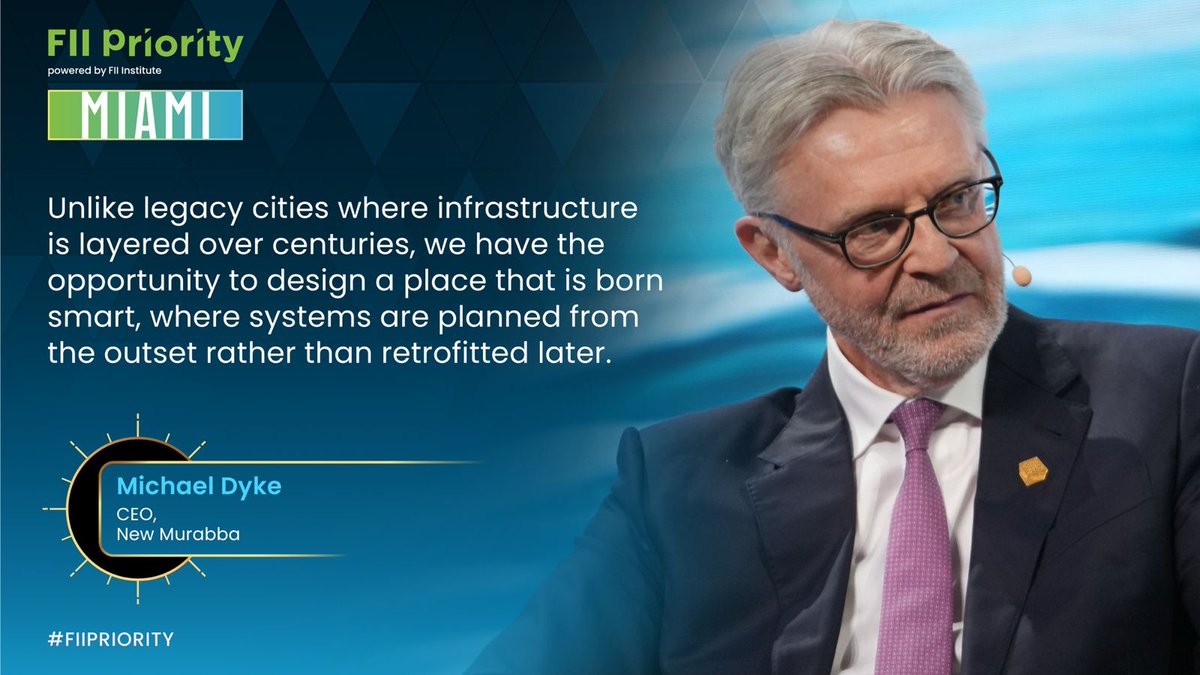 FII_Institute1's tweet image. At #FIIPRIORITY Miami, Michael Dyke, CEO of @newmurabba, emphasized that the next wave of cities will be built with #smartdesign and integrated systems from the outset, redefining how #urbanliving evolves.

Watch the livestream: bit.ly/FPM26_D2