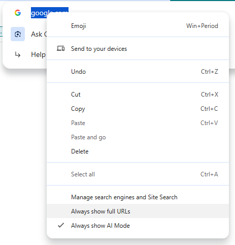 "Always show full URLs"
"Always show AI Mode"

Am I late to the party here? 😅

<a href="/rustybrick/">Barry Schwartz</a> <a href="/lilyraynyc/">Lily Ray 😏</a>