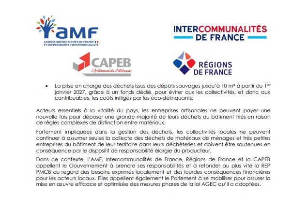 🔴 [COMMUNIQUÉ DE PRESSE]
Élus locaux et artisans du bâtiment unissent leurs voix et exigent une REP Produits et matériaux de construction du secteur du bâtiment (PMCB) au service des acteurs de proximité

Les associations représentant les collectivités territoriales — l’AMF,