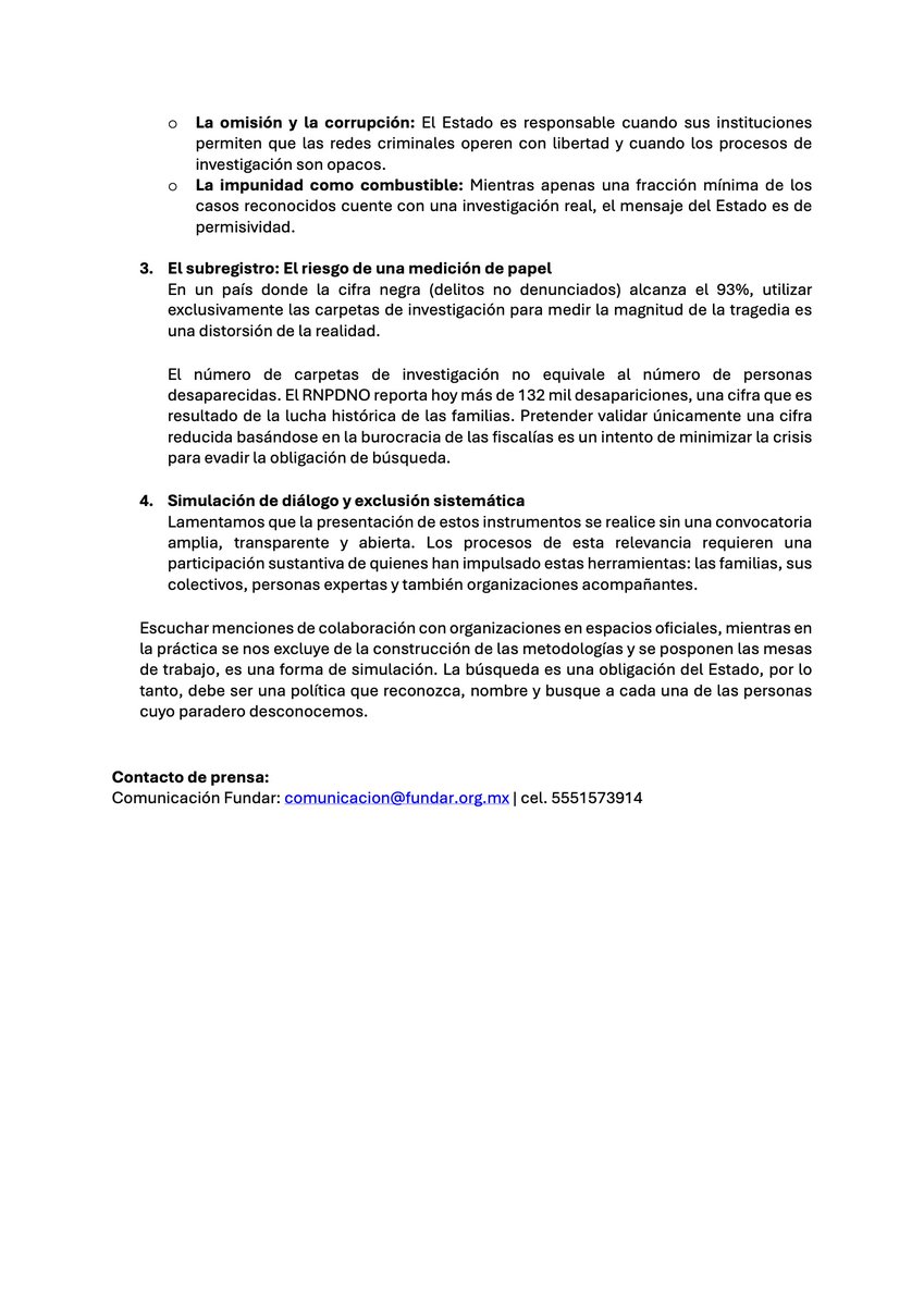 📢La crisis de #desaparición en México no puede condicionarse a una carpeta de investigación. Tras la reciente actualización del Registro Nacional de Personas Desaparecidas (RNPDNO),  alertamos por la falta de transparencia y participación de las familias.
fundar.org.mx/la-crisis-de-d…