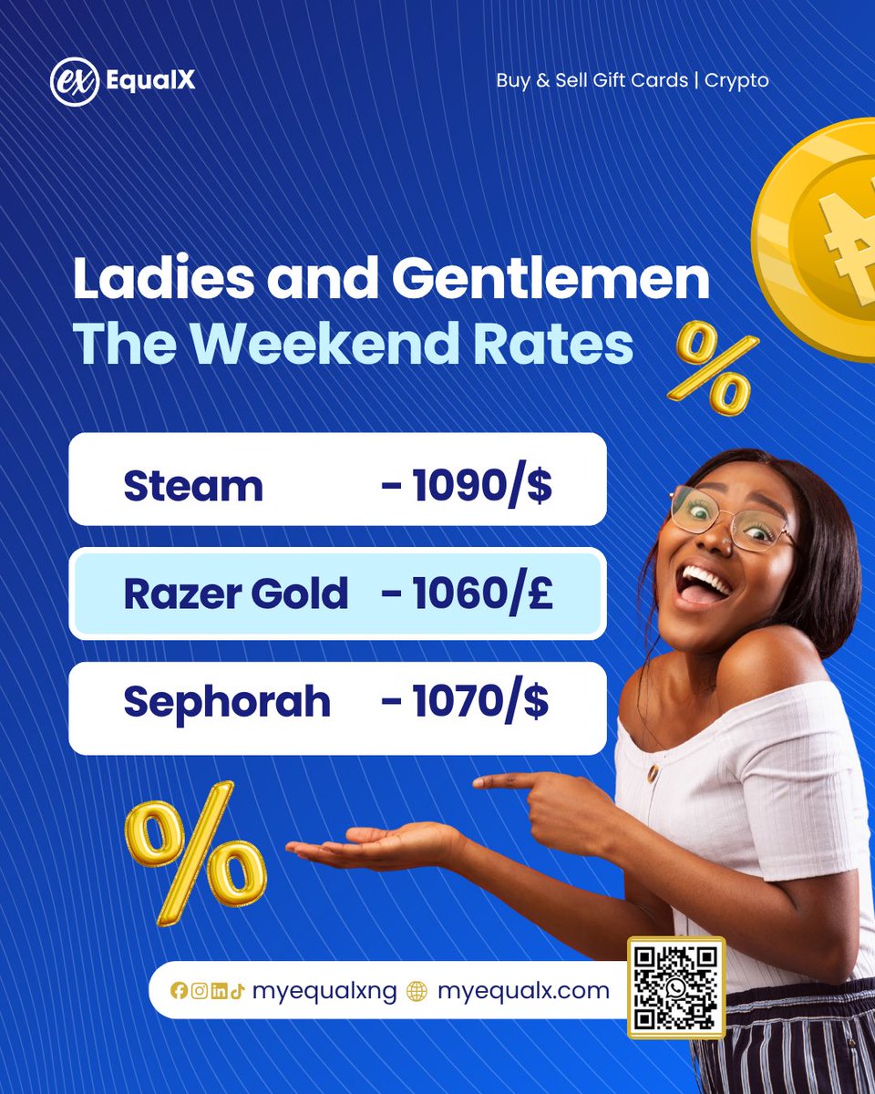 Myequalxng's tweet photo. Weekend, rates, and your favourite cards. 🎮 Steam gift cards, Razer Gold, and Sephora are all moving right now, check what they're going for and sell while the rates are hot. The best time to trade your gift card for cash is always when the rate is in your favour. 🔥

#equalx https://t.co/TTsP8rjFtN