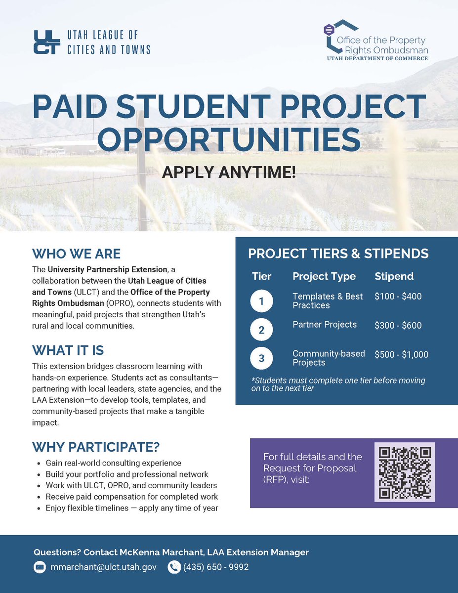 UtahOPRO's tweet photo. University students – get paid to gain real-world consulting experience! Scan the QR Code to learn more about the University Partnership Extension!

#utahopro 
 #landuseacademyofutah 
 #ulct 
 #citieswork https://t.co/ZuEVHDXqqx